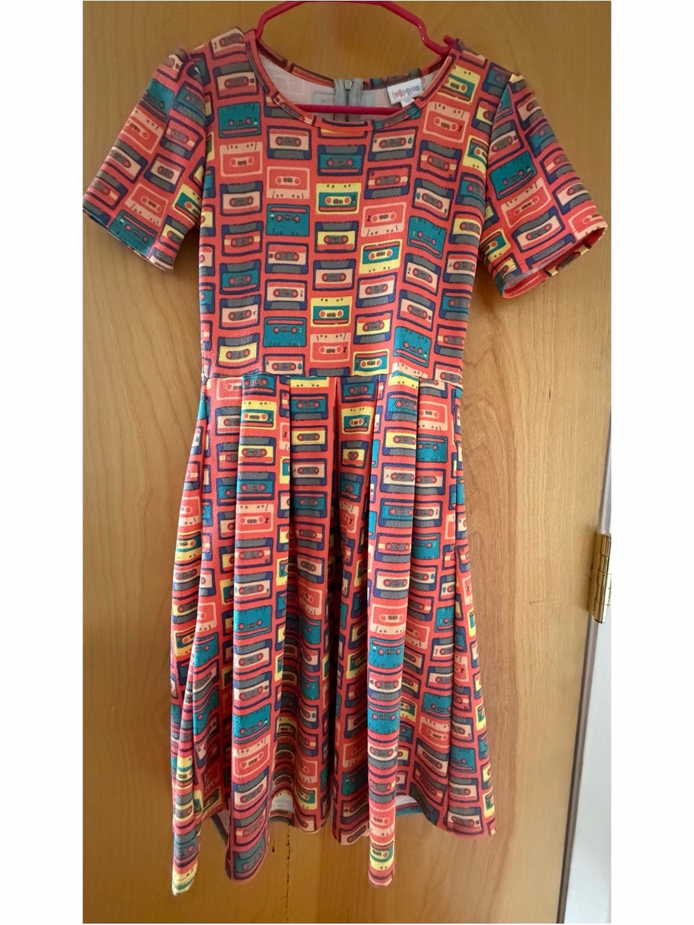 Coral Cassette Print Fit-and-Flare Dress